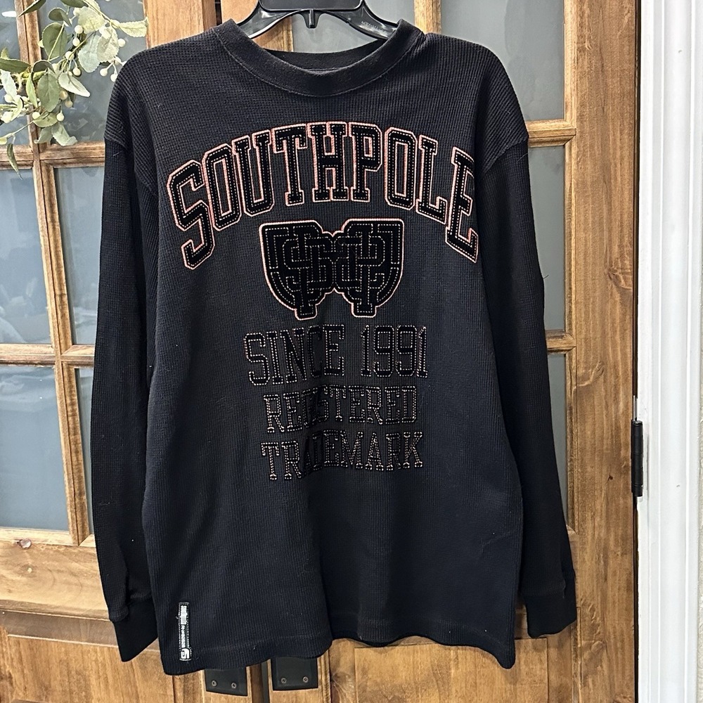 Southpole Thermal‎ Long Sleeve Shirt Mens Med Black Waffle Knit Graphic Y2K